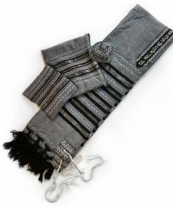 Gabrieli Tallit Gabrieli Tallits Gabrieli Premium - Wool Tallit - Black, White & Silver On Gray