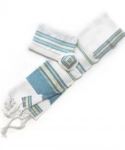 Gabrieli Tallit Tal - Silk Tallit - Turquoise With Gold On White Gabrieli Tallits