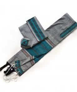 Gabrieli Tallit Elia - Cotton Tallit - Turquoise With Gold On Grey