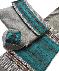 Gabrieli Tallit Elia - Cotton Tallit - Turquoise With Gold On Grey
