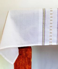 Home & Special Occasions Tablecloths - Gabrieli Design - Blue, Red And Green With Gold On White
