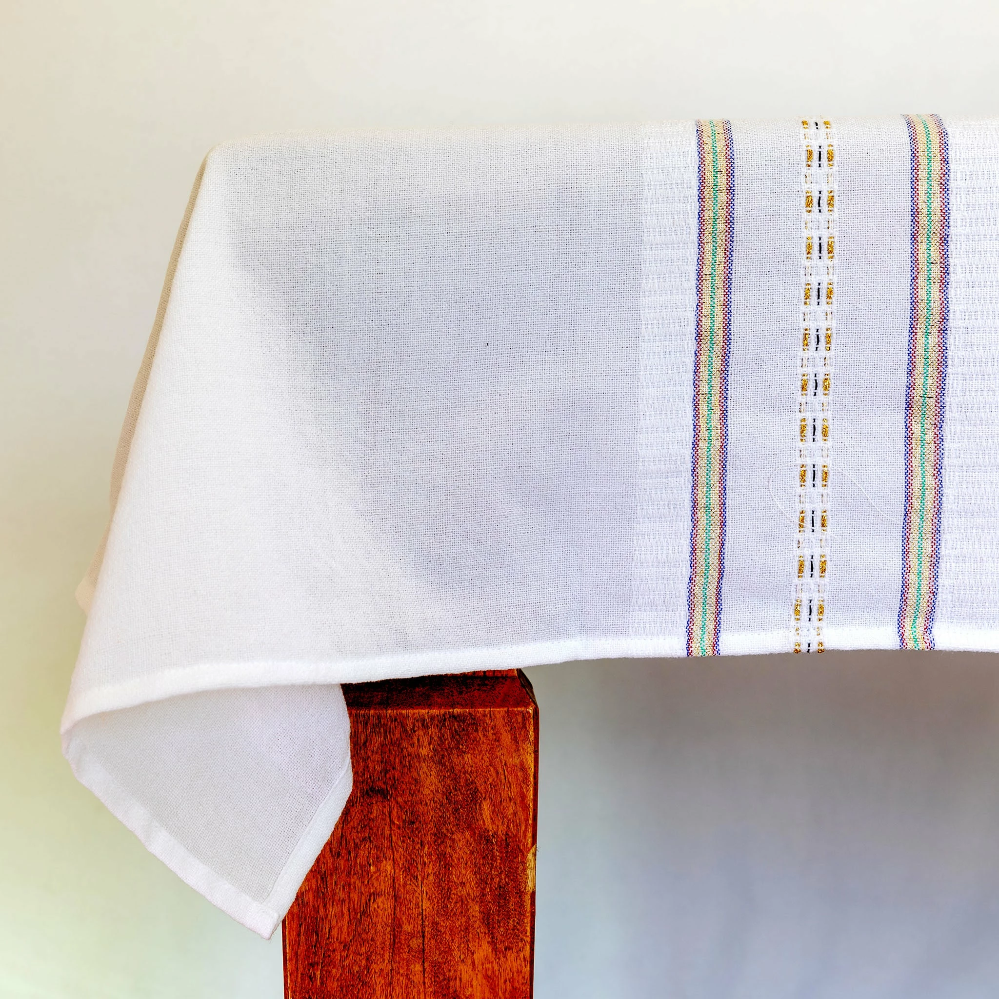 Home & Special Occasions Tablecloths - Gabrieli Design - Blue, Red And Green With Gold On White