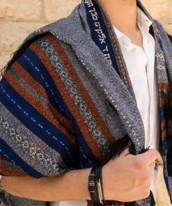 Gabrieli Tallit Gabrieli Premium - Wool Tallit - Blue & Orange With Silver On Gray