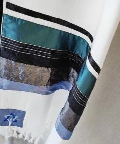 Elegant Gabrieli Tallit - Turquoise On White