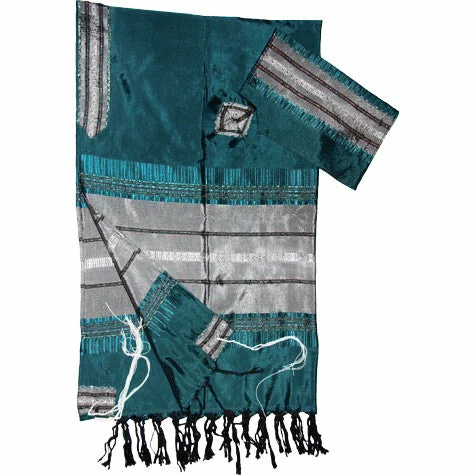 Gabrieli Tallit Elia - Silk Tallit - Gray On Teal Green