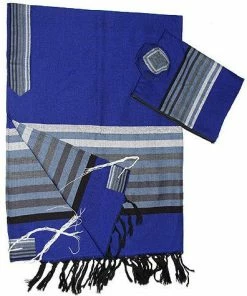 Gabrieli Tallit Gad - Wool Tallit - Grey Scale Stripes On Blue Gabrieli Tallits