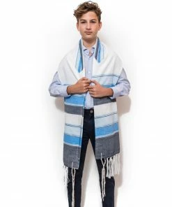 Gabrieli Tallit Noam - Silk Tallit - 3 Blues And Silver On White