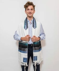 Elegant Gabrieli Tallit - Turquoise On White