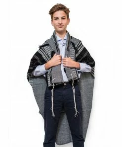 Gabrieli Tallit Elia - Wool Tallit - Black On Gray With Silver