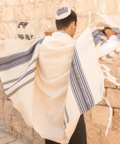 Gabrieli Tallit Adam - Cotton Tallit - Blues And Gold On Off-White Gabrieli Tallits