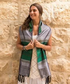Gabrieli Tallit Elia - Silk Tallit- Green And Gold On Gray Gabrieli Tallits