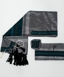 Gabrieli Tallit Elia - Silk Tallit- Turquoise And Silver On Gray
