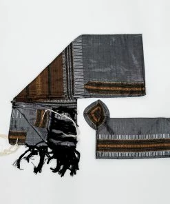 Gabrieli Tallit Elia - Silk Tallit- Copper Orange With Gold On Gray