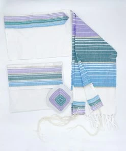 Gabrieli Tallit Ella - Silk Tallit - Pastel Purple, Teal And Blue With Gold On White