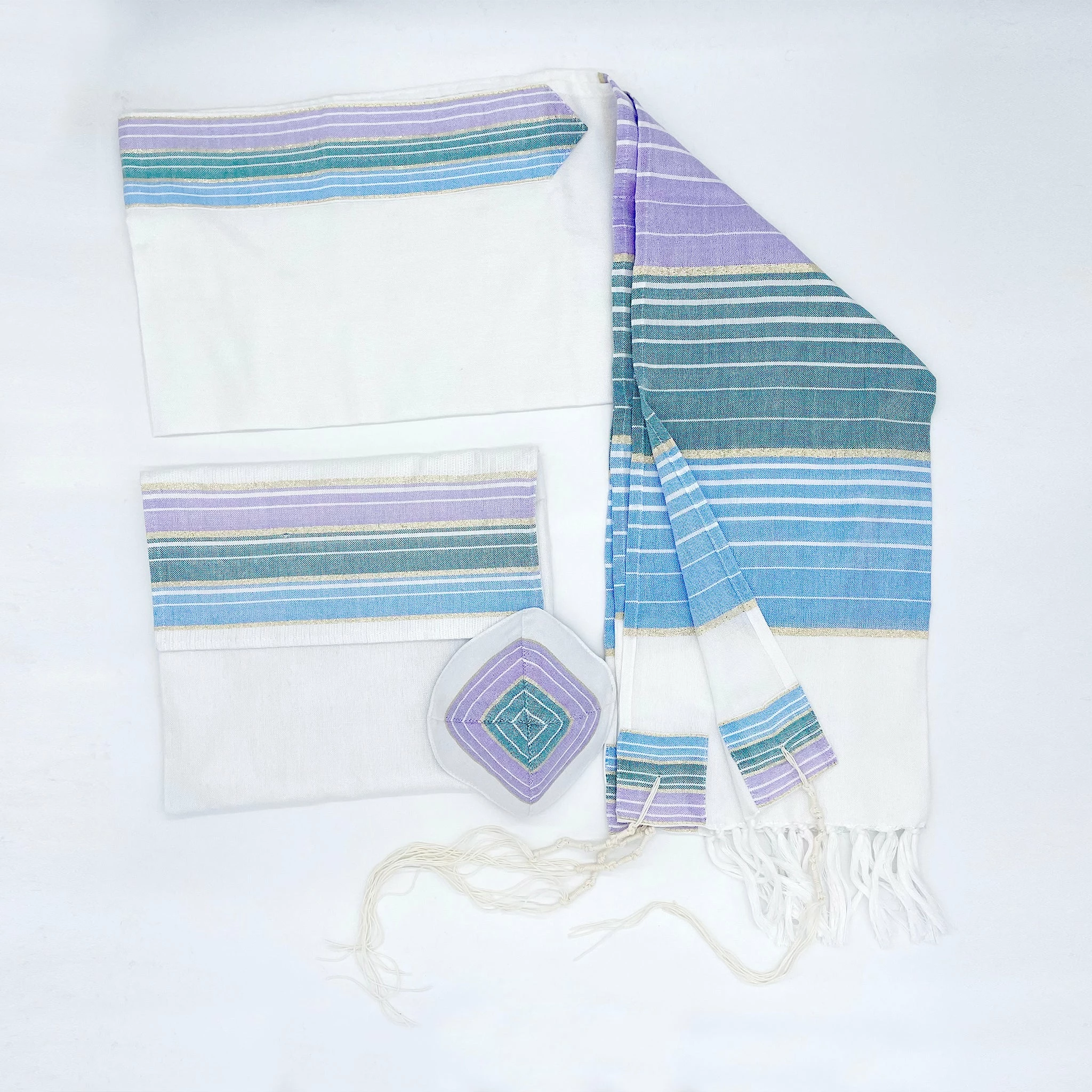 Gabrieli Tallit Ella - Silk Tallit - Pastel Purple, Teal And Blue With Gold On White
