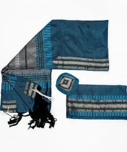 Gabrieli Tallit Elia - Silk Tallit - Gray With Gold On Blue