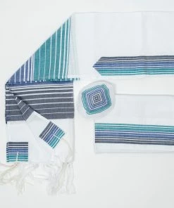 Gabrieli Tallit Ella - Cotton Tallit - Turquoise, Blue And Navy Stripes With Silver On White Gabrieli Tallits