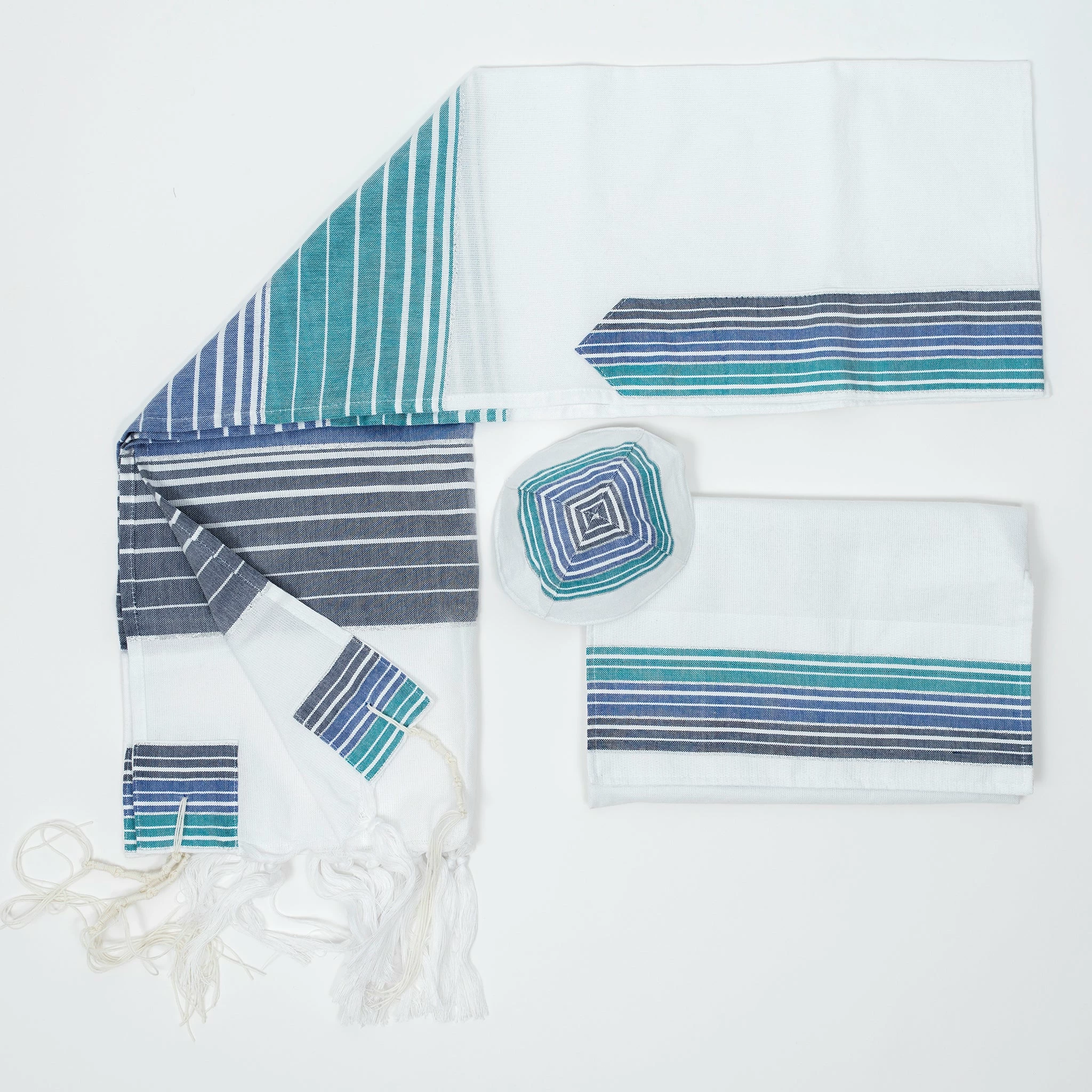 Gabrieli Tallit Ella - Cotton Tallit - Turquoise, Blue And Navy Stripes With Silver On White Gabrieli Tallits