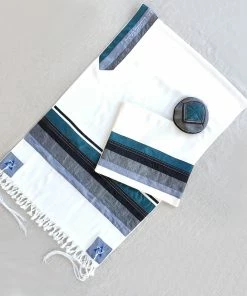 Elegant Gabrieli Tallit - Turquoise On White