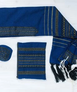 Gabrieli Tallit Hagar - Wool Tallit - Black And Gold Design On Blue
