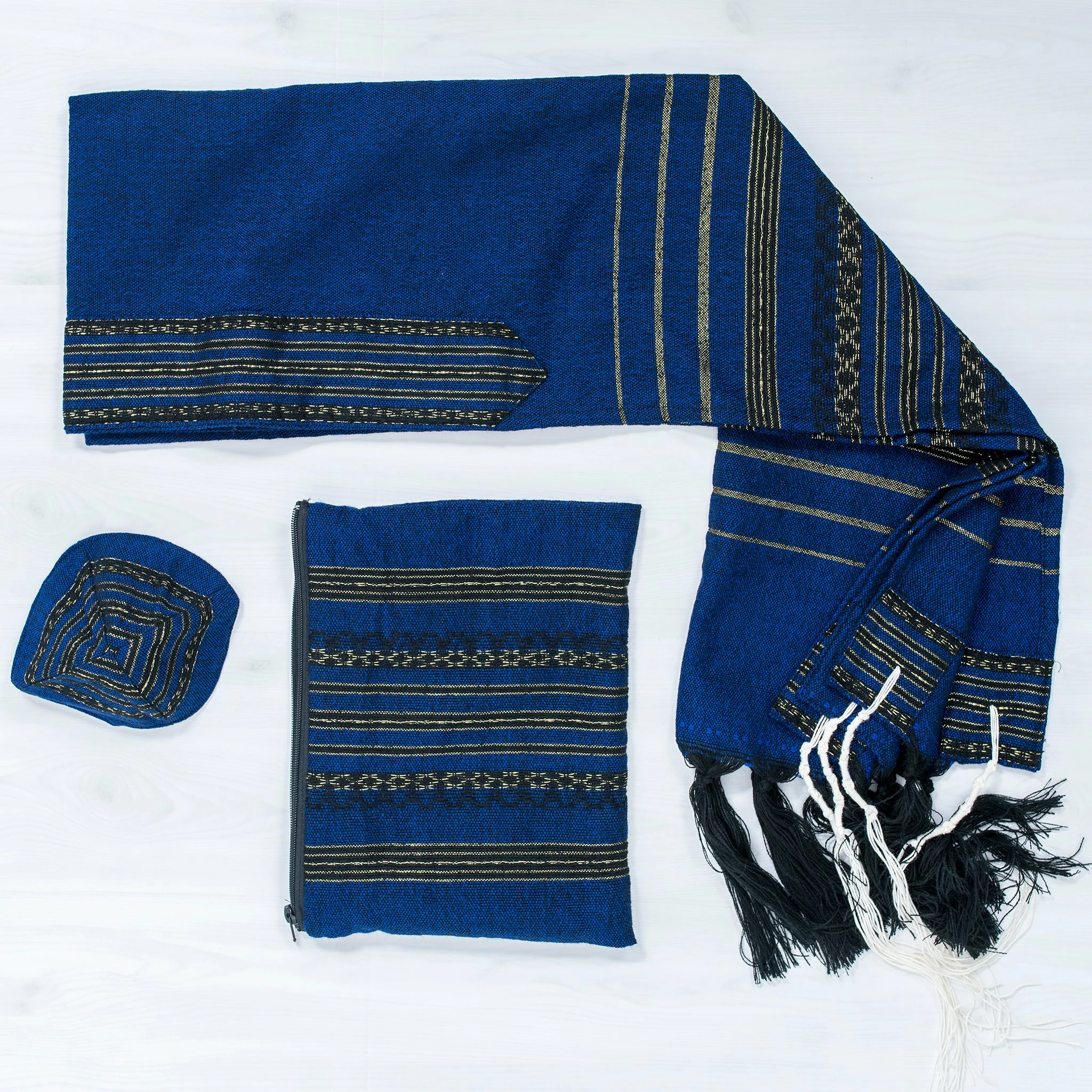 Gabrieli Tallit Hagar - Wool Tallit - Black And Gold Design On Blue