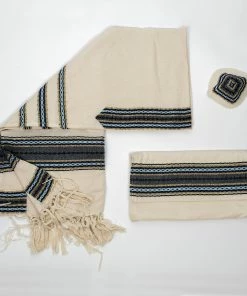 Gabrieli Tallit Adam - Cotton Tallit - Blues And Gold On Off-White Gabrieli Tallits