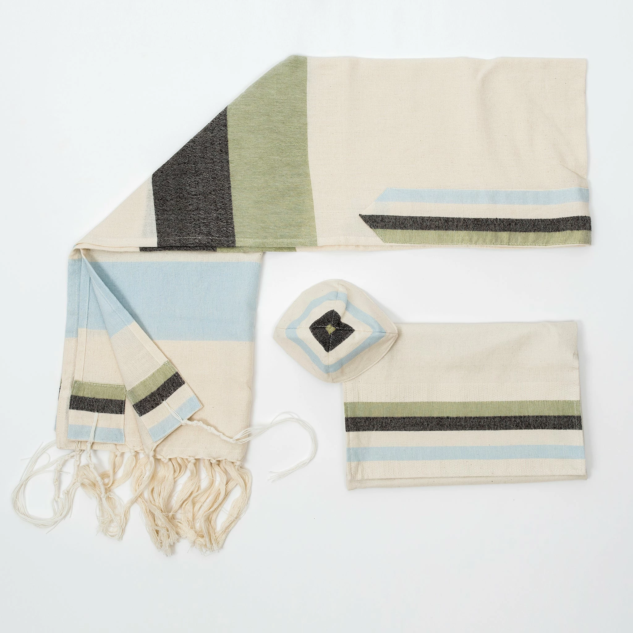 Gabrieli Tallit Emanuel - Cotton Tallit - Blue And Green Wide Stripes On Off-White Gabrieli Tallits
