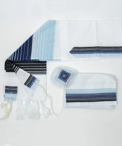 Gabrieli Tallit Ella - Cotton Tallit - Blue And Black Stripes With Silver On White